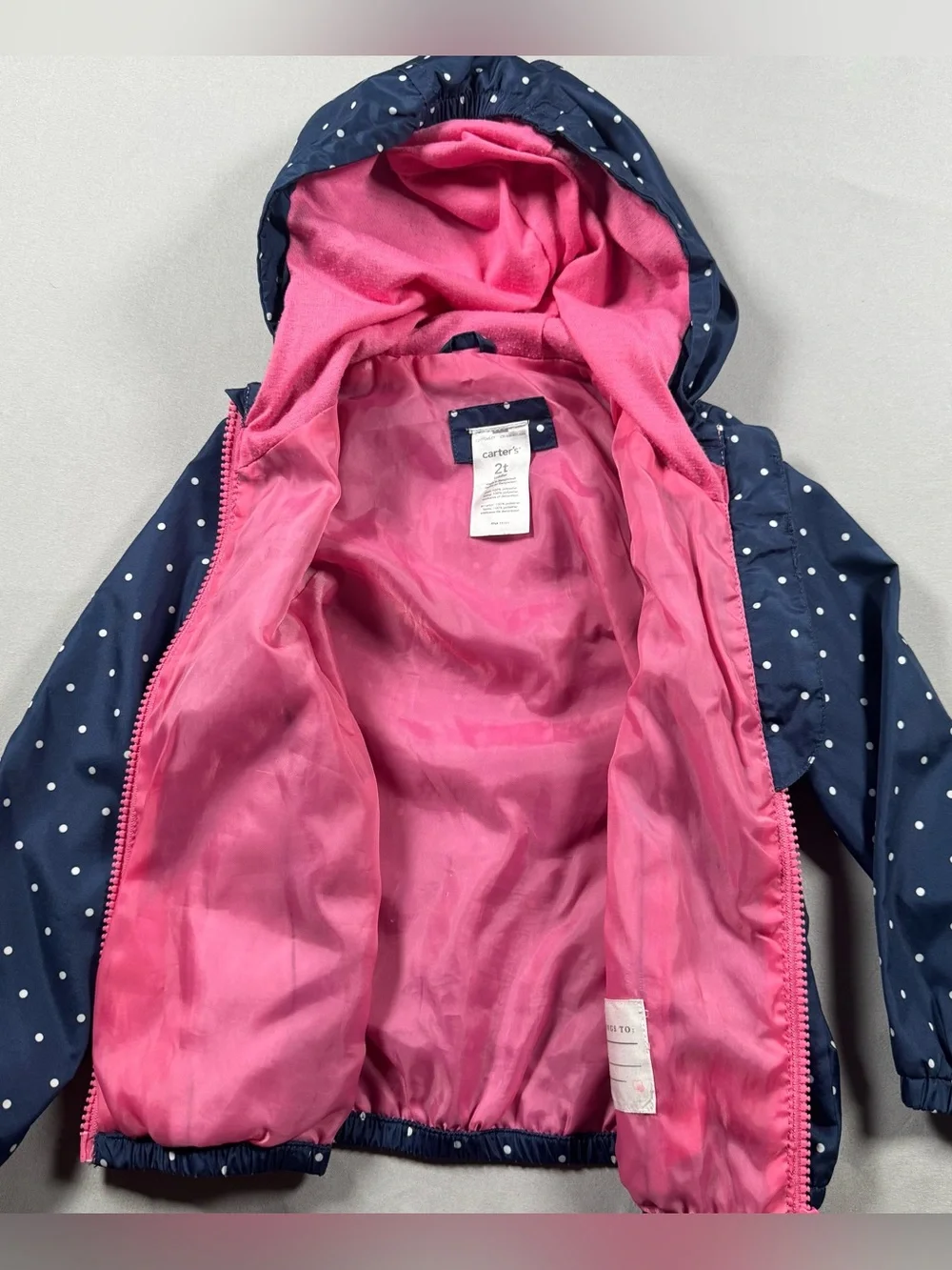 Carter's Toddler Girl 2T Navy Blue Pink Hooded Windbreaker Polka Dot Jacket